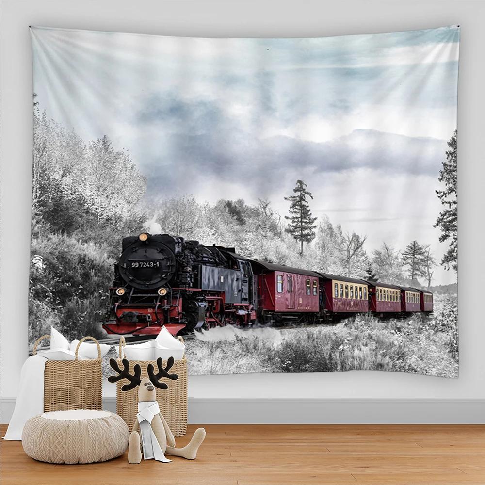 Nature Forest Snow Scene Tapestry Train Pattern Aesthetic Room Decor Carpet Living Room Wall Hanging Home Dorm Bedroom Decor