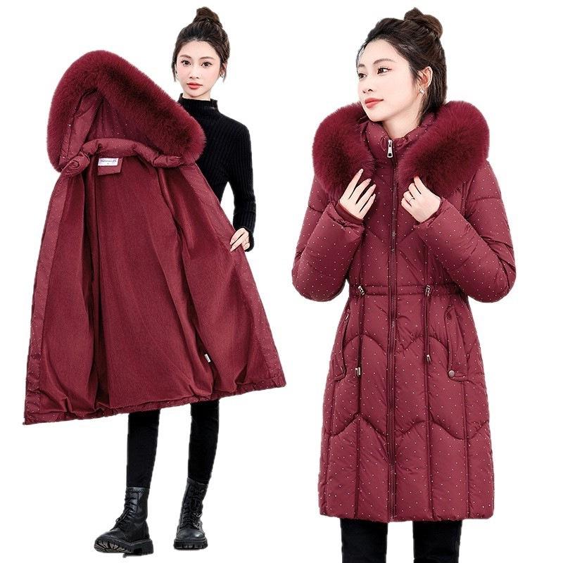 Big fur collar down cotton-padded clothes for women's winter new small cotton-padded coat, waist and thin medium and long cotton-padded jacket