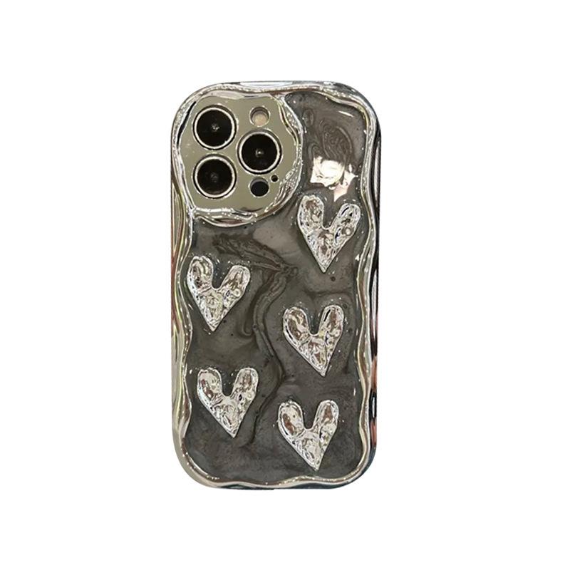 Electroplated Pleated Love Mobile Phone Case for Apple 17 Promax Portable Rope for IPhone 16 Epoxy Silicone Anti-fall