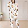 Women Plus Size White Halloween Printed Round Neck Long Sleeve Two Piece Set With Side Pockets