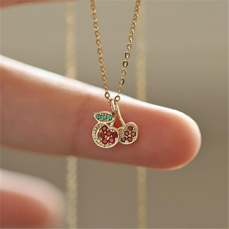

S925 Sterling Silver 14K Gold Plated Necklace Colorful Zircon Cherry Cute Fruit Small Pendant Necklace for Women Dating Jewelry 43cm&Silver