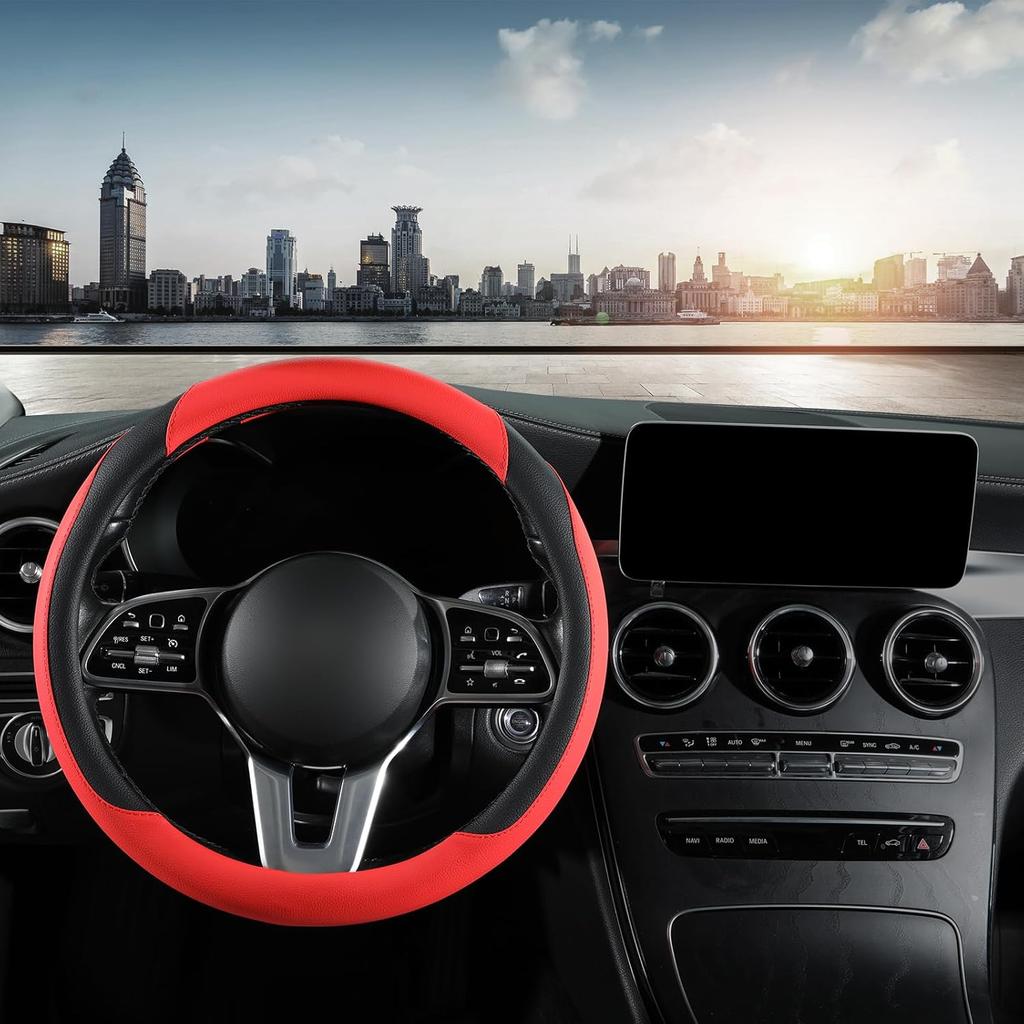 Car Steering Wheel Cover, Microfiber Leather Steering Wheel Cover Red,Universal 15 Inch Anti-Slip Comfortable Steering Wheel Covers Men Women