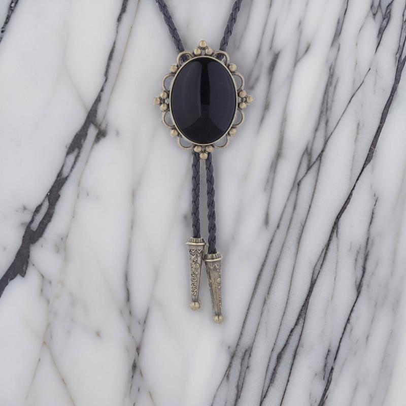 Handmade Vintage Jewelry Bolo Tie for Women Men Western Cowboy Artificial Leather Rope Necktie with Oval Stone Pendant