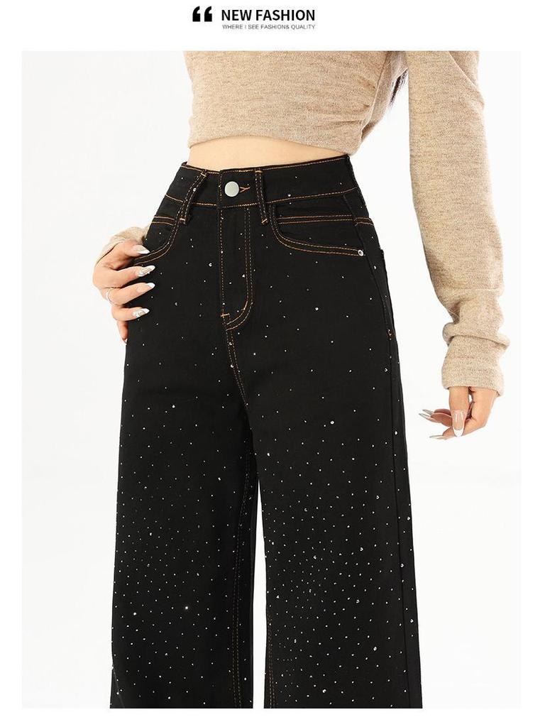Women's Retro Black Gypsophila Wide-Leg High-Waisted Rhinestone Jeans with Elastic Fit and Velvet Lining
