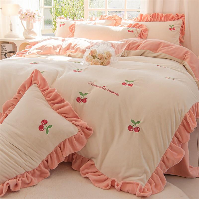 Milk Velvet Bedding Set Winter Thick Flannel Coral Fleece Sheet Solid Color Princess Style Bedroom Decor