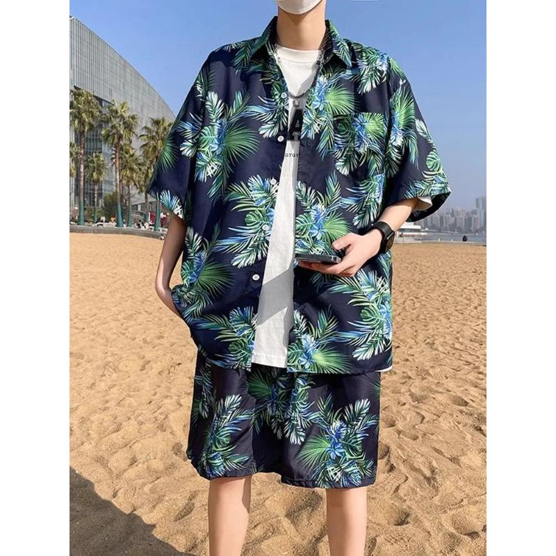 Travel Casual Men's Beach Pants Ice Silk Quick-drying Floral Shorts Seaside Resort Floral Shirt Hawaiian Suit