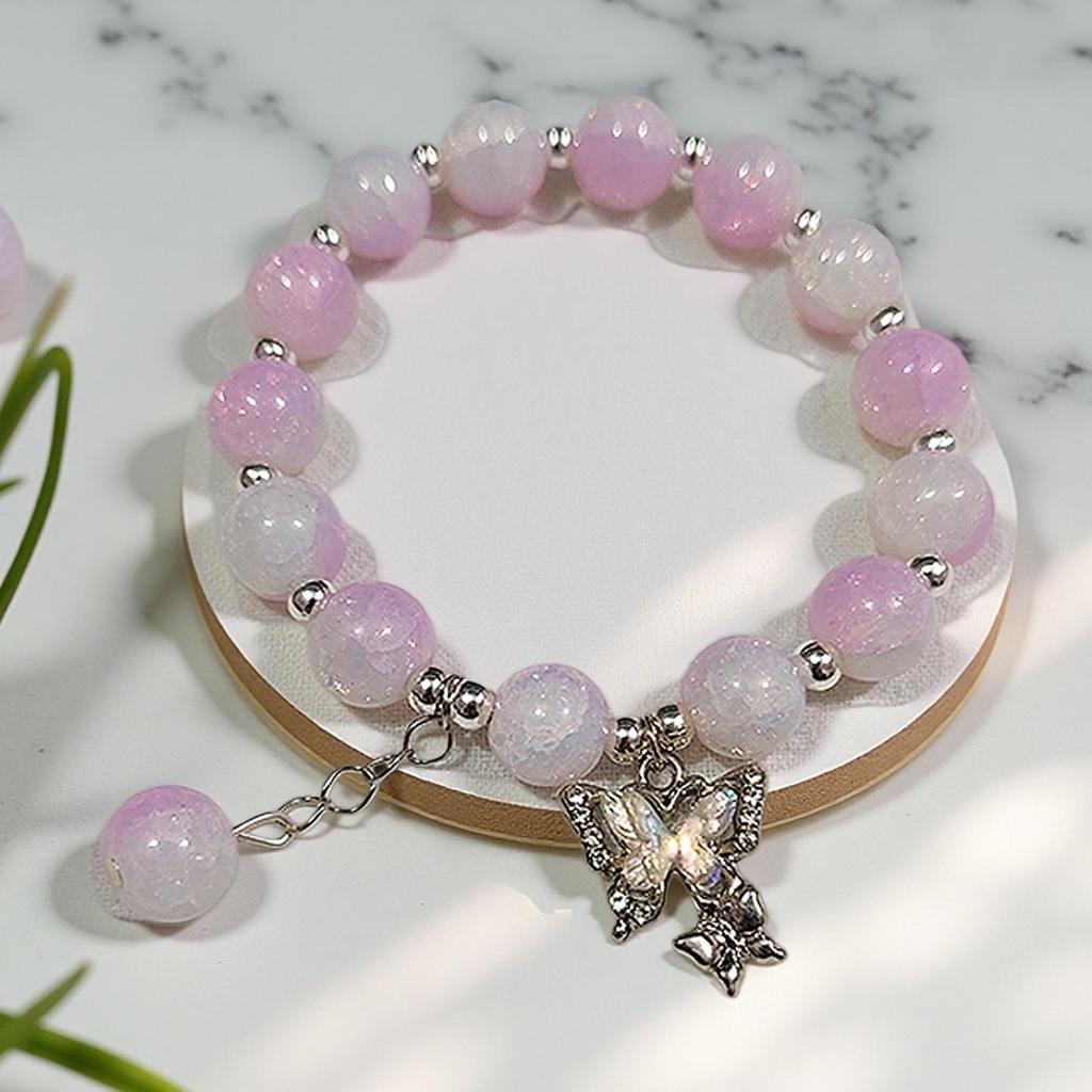 Braccialetto in Vetro Fiore Esplosione Fantasy da 10 mm: Ciondolo Farfalla Colore Degradé Design di Nicchia per Donne e Migliori Amiche.
