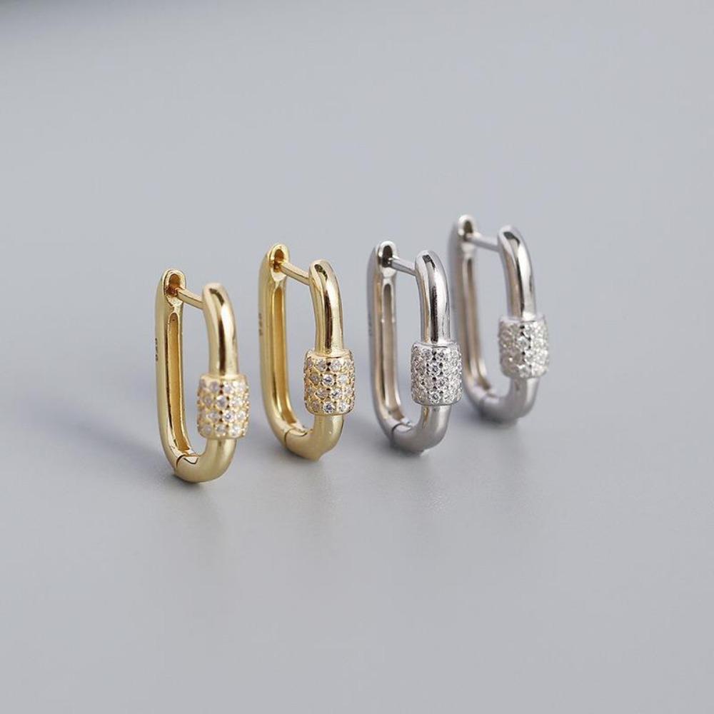 Premium Minimalist Gold Color Geometric Lock-Shaped Zircon Hoop Earrings Women's Personality Banquet Party Anniversary Jewelry