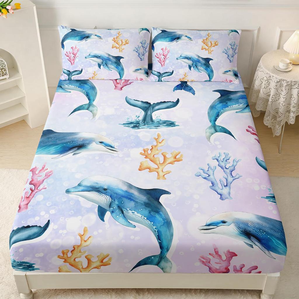 Undersea Creature Dolphin Pattern Mattress Three-Piece Digital Printing Bedding Set Adult Children