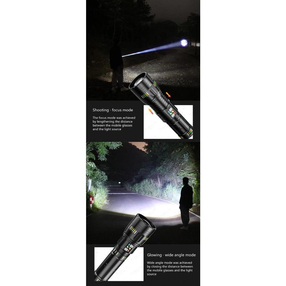 Super Bright Long Range Powerful LED Flashlight Type-C USB Rechargeable LED Torch Outdoor Zoomable Flashlight Power Display