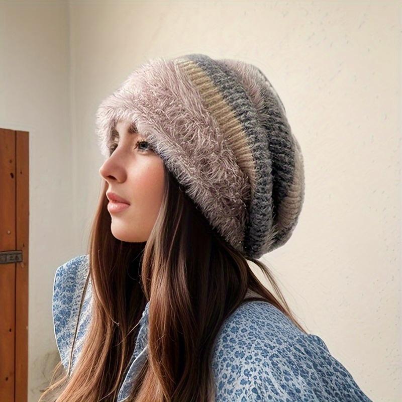 Women's Winter Chunky Knit Beanie - 100% Acrylic Plush Lined Elastic Slouchy Hat, Lightweight Thermal Warmth, No Brim Cap for Daily Wear