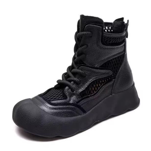 

Мода 4СМ 2025 Высокое Качество Весна/Лето Новые Ажурные Дышащие Ретро Короткие Ботинки Натуральная Кожа Толстая Подошва Женская Обувь 40 чёрный