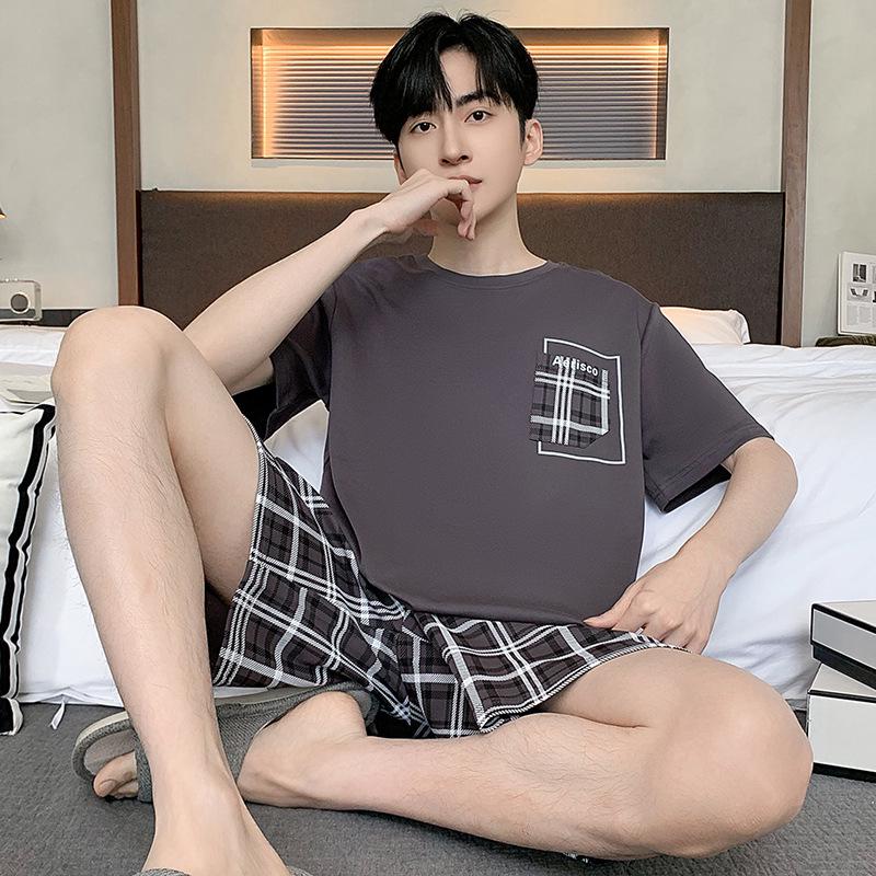 

2025 Мужской хлопковый летний пижамный комплект: Короткие рукава, тонкие, шорты для подростков, круглый вырез Size XXL