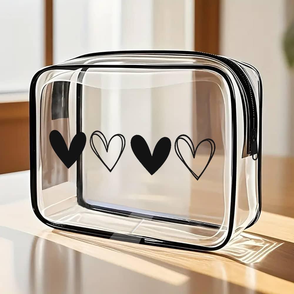 

Women s Black & White Heart Pattern Cosmetic & Travel Organizer Bag - Medium Size Clear-Front Design with Black Edges, Durable L