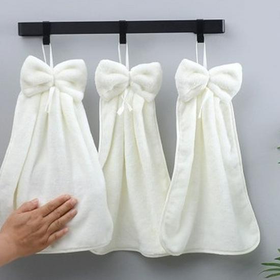 Coral Fleece Bow Hand Towel - Soft, Absorbent, Lint-Free, Hangable Cloth 