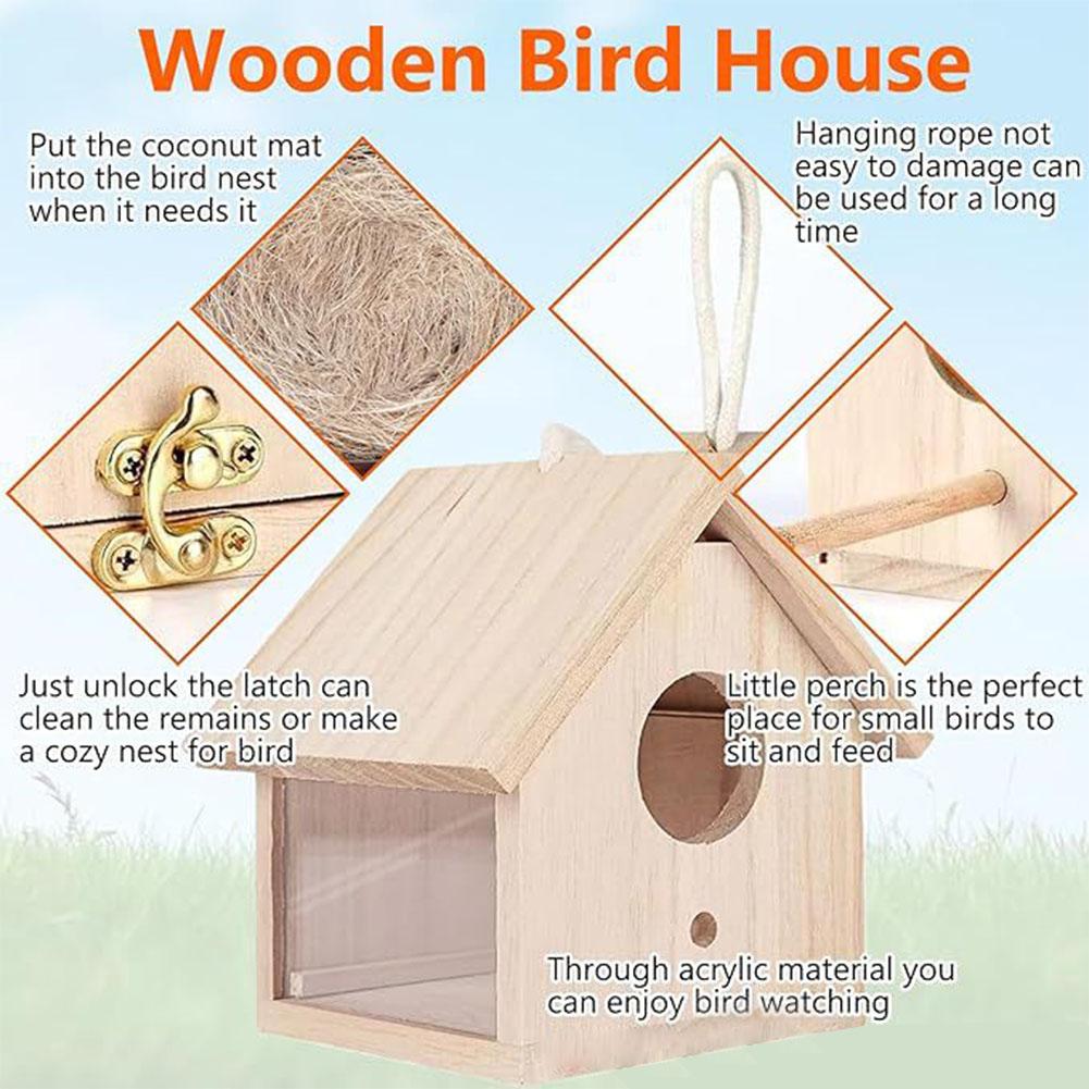 Creative Solid Wood Hummingbird House Outdoor Wooden Bird Nesting Box Hanging Birdhouse Feeder for Garden Yard Patio Decoration
