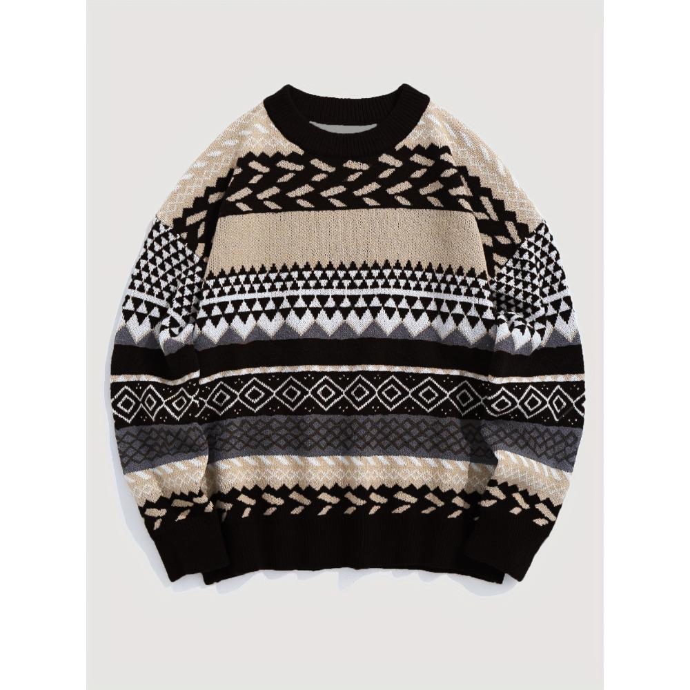 New Warm and Retro Knitted Sweater for Autumn and Winter, with A Round Neck and Contrasting Diamond-shaped Pattern, Is A Versatile Sweater for Women