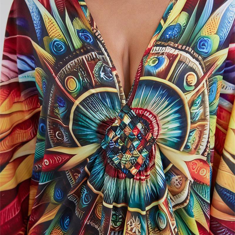 EDOLYNSA Vintage colorido impresso feminino plus size kaftan 2024 verão boho decote em v manga morcego sexy praia cover-ups aconchegante casa vestido q1588