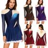 Womens Figure Skating Dress Shiny Rhinestones Gradient Color Mock Neck Mesh Long Sleeve Dancewear