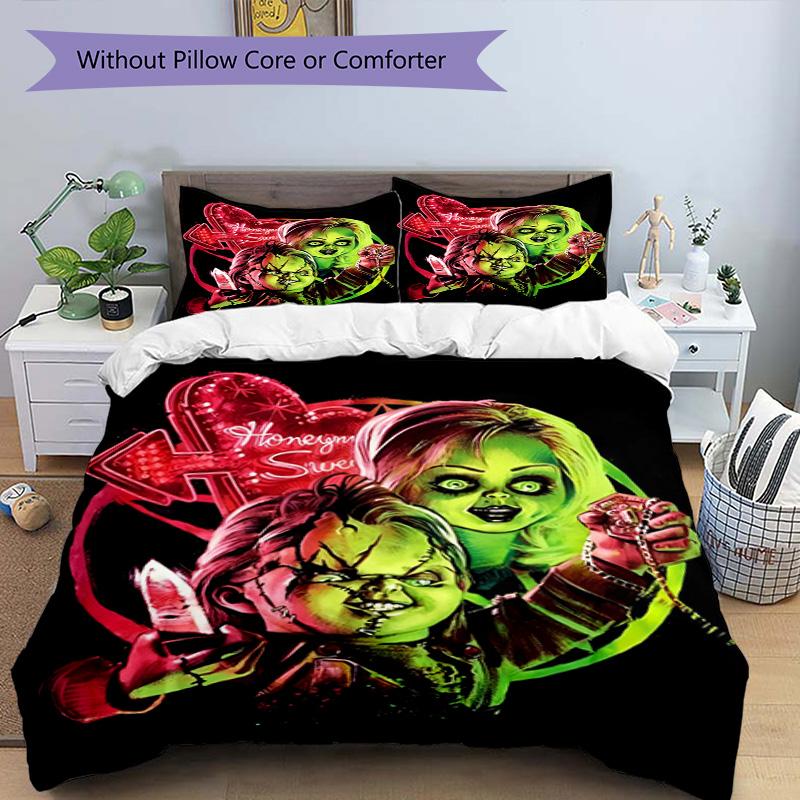 3pcs Duvet Cover Set (1*Duvet Cover + 2*Pillowcase, Without Core), Bride of Chucky Print Bedding Set, Bedroom Decor, All‑Season, Birthday Gift