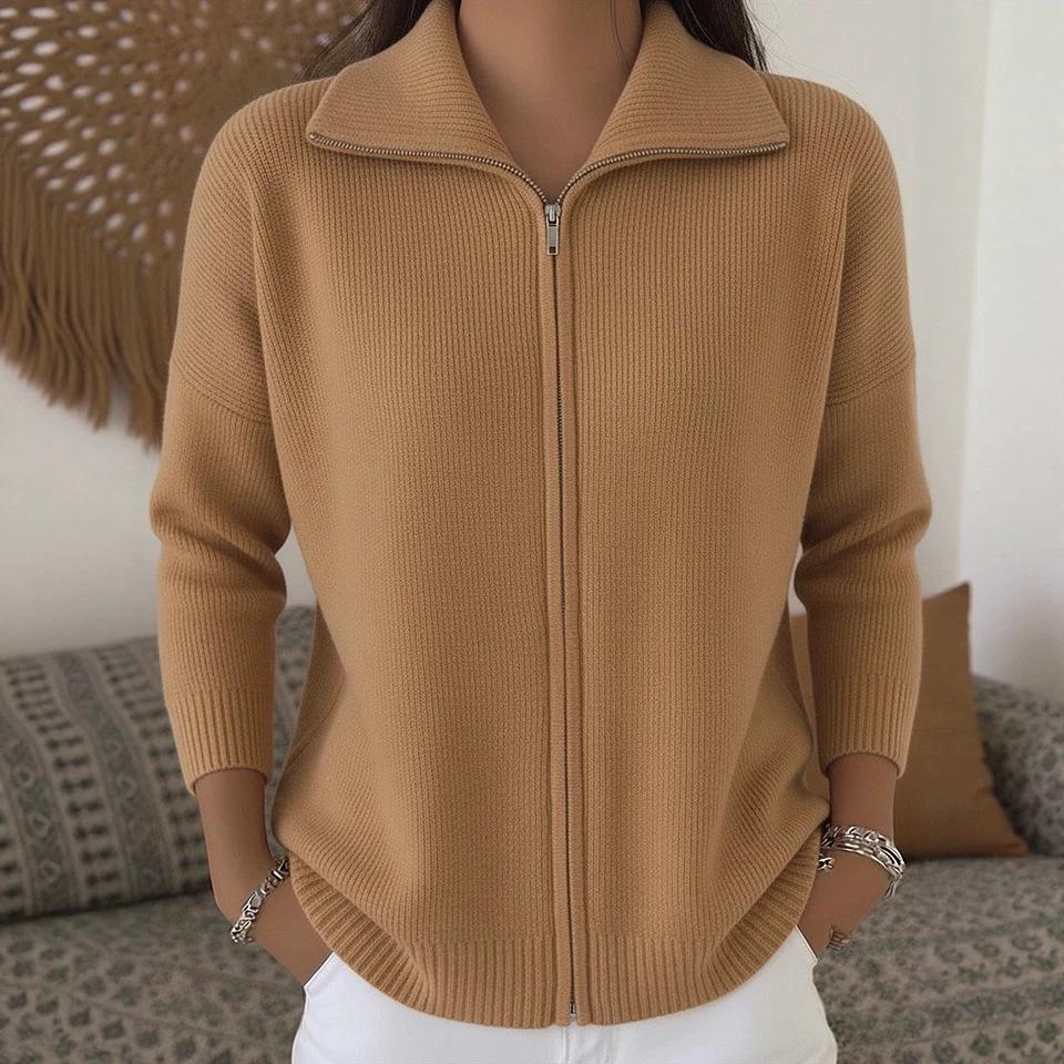 2026 European & American Zipper Knit Cardigan: Women's Autumn/Winter Casual Solid Color Fashion Sweater Outerwear