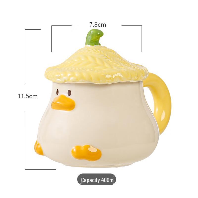 Kreskówkowa ceramiczna filiżanka z kaczuszką, z pokrywką i uchwytem
