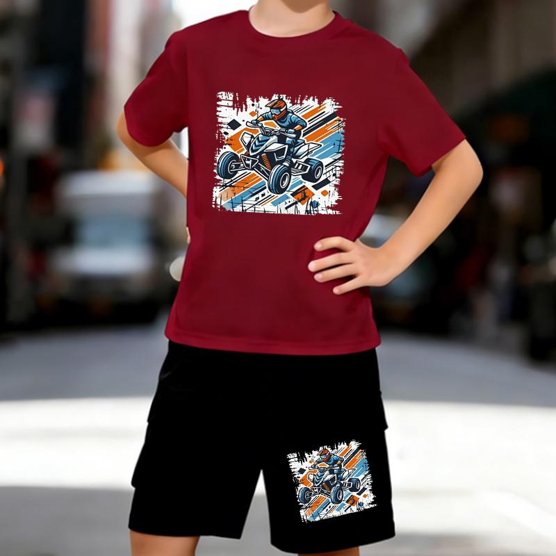 Boys 2 Piece Extreme Sports Themed Printed Outfit, Short Sleeve T-Shirt and Shorts Set for Kids Age 5-14,Black and White Sporty Casual Summer Clothes