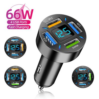 4 Ports Autoladegerät PD QC3.0 mit Voltmeter 66W Autotelefon-Ladegerät Schnelllade-Netzteil für iPhone Samsung Huawei Xiaomi