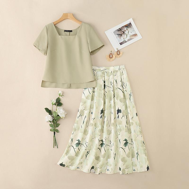 

ZANZEA Женская блузка с коротким рукавом и длинные юбки Повседневный костюм-двойка 4XL хаки