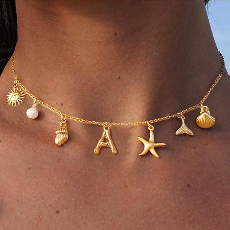 Initial Charms Necklace for Women, Boho Seashell Starfish Beach Letter A-Z Pendant, Summer Beach Vacation Jewelry