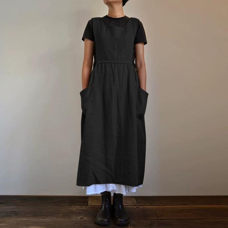 Women's Loose Cotton Linen Apron Midi Dress For Women Casual Pocket Homewear Solid Color Kitchen Uniform