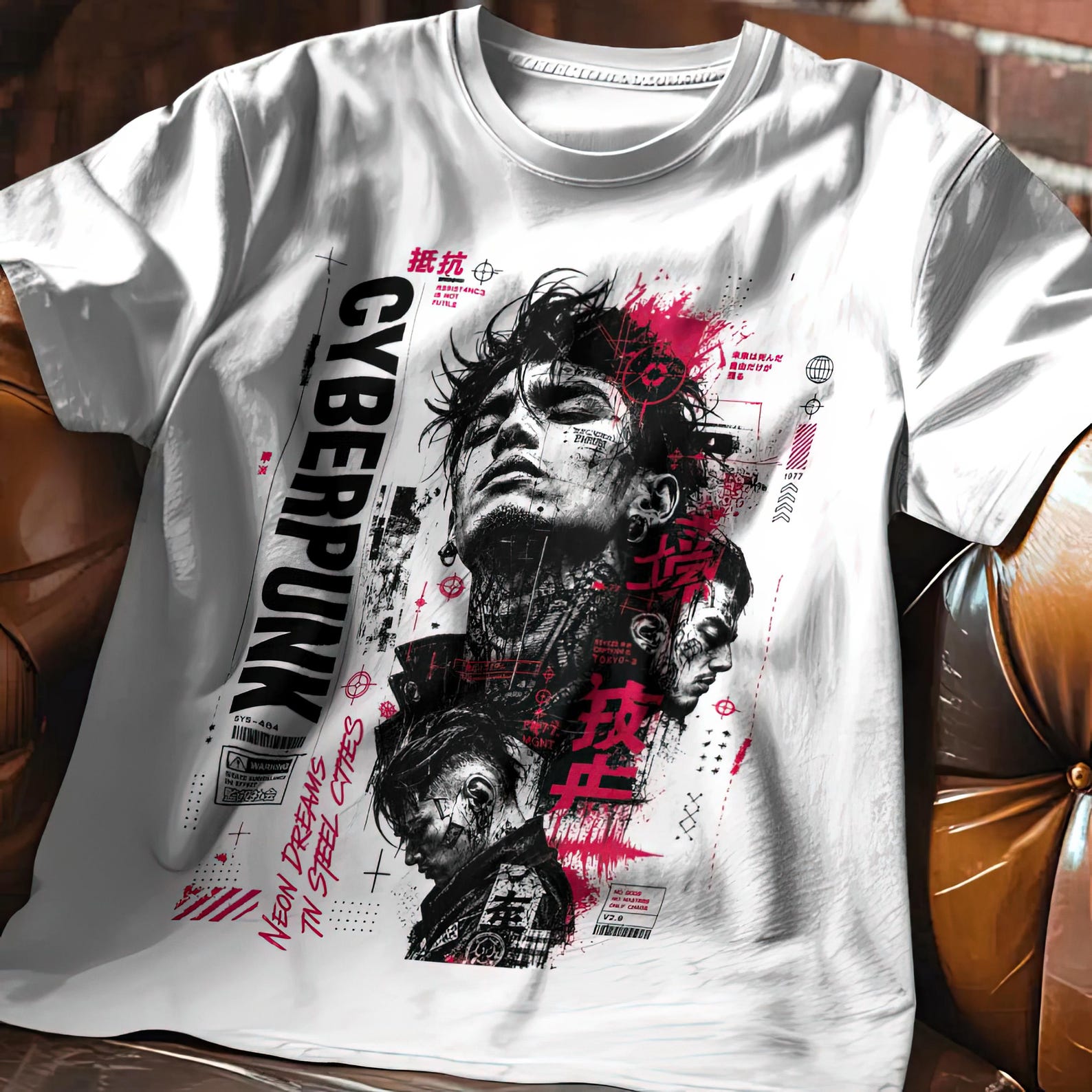 Cyberpunk Graphic Tee with Japanese Typography and Edgy Future Portrait Techwear Art 3XL