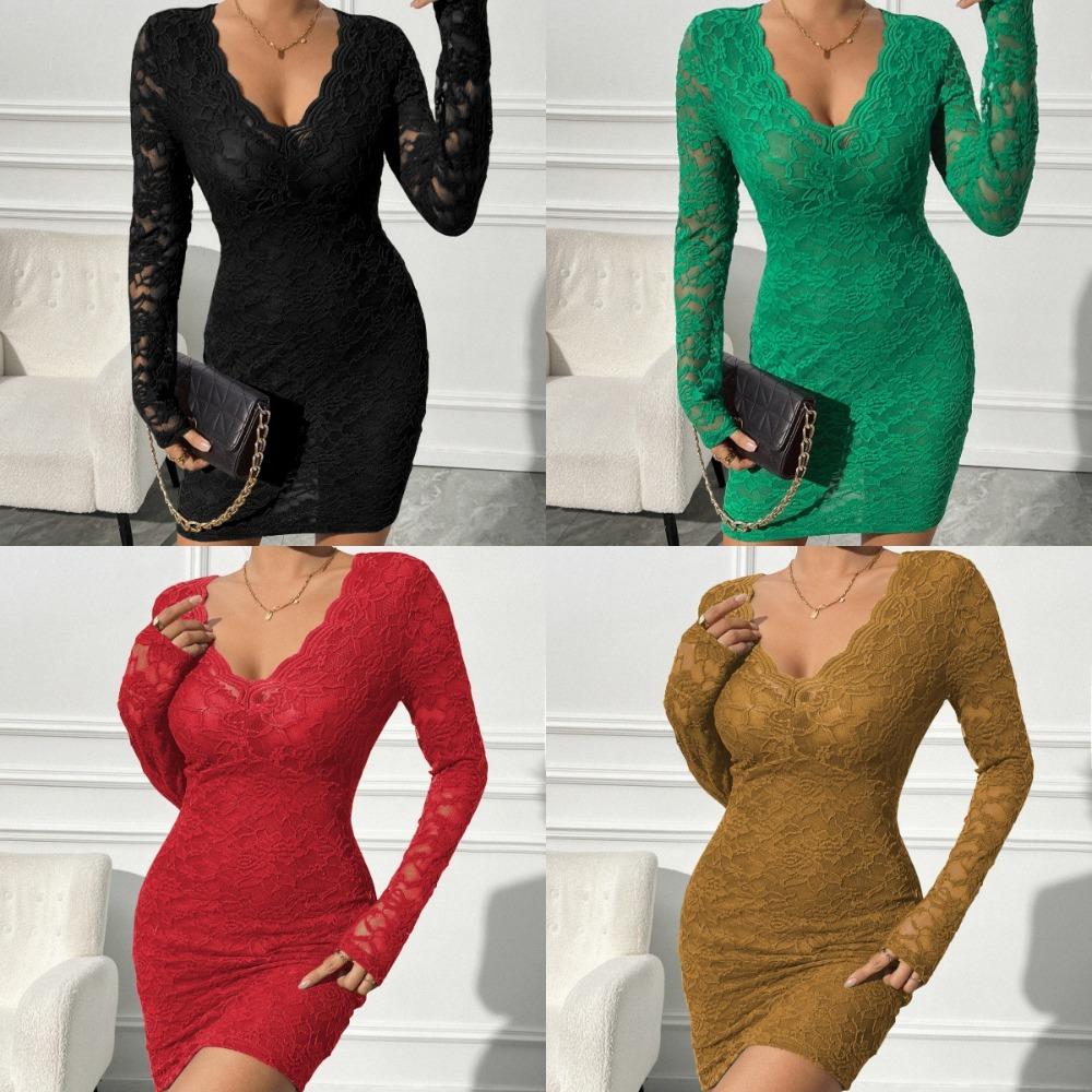 Vestidos de primavera para mujer, sexys, ajustados, de encaje y manga larga con escote en V