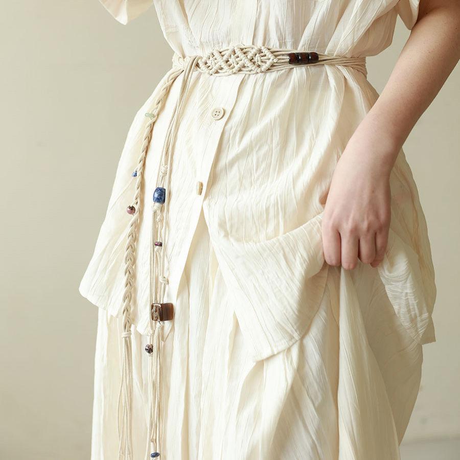 Pure Handmade Cotton Waist Rope Woven Fringed Beaded Famous Style Belt Women's Summer Simple and Versatile Waist Chain Literary and Retro