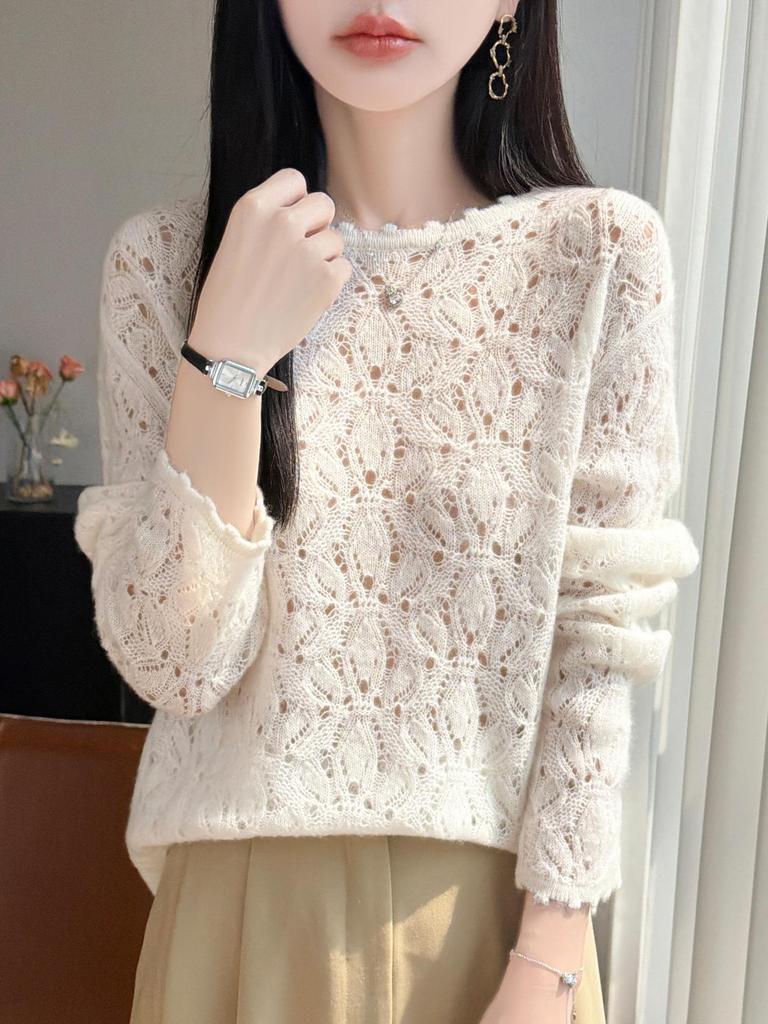 Women's Elegant French Style Hollow Knit Wool Cardigan Sweater - Round Neck