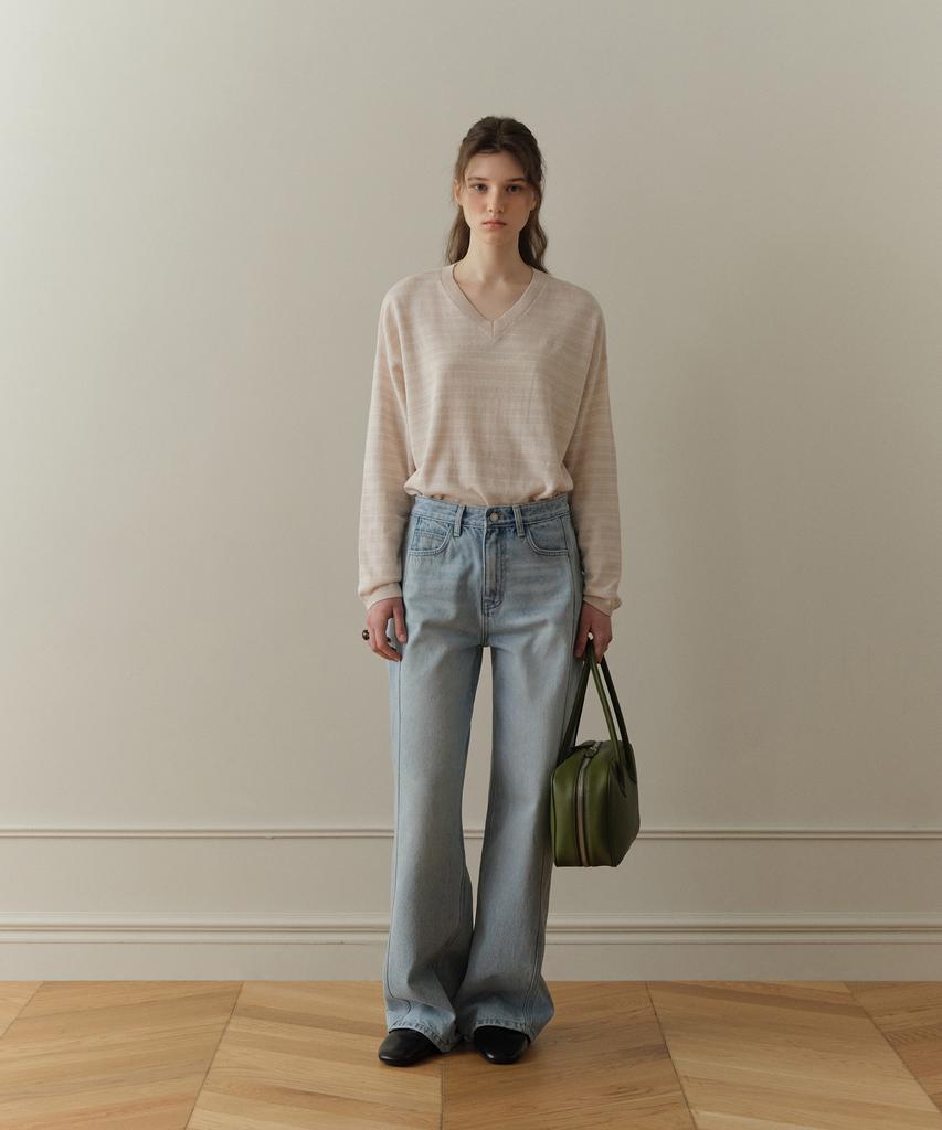 Poyueoaijeuonli If Stripe V-Neck Knit (Pink)