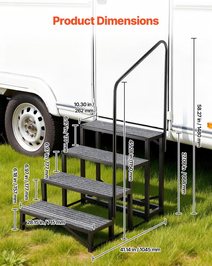 Marches pour camping-car avec main courante, 4 marches, capacité de charge de 300 kg, Marches robustes d'extérieur pour camping-car avec tapis antidérapant pour personnes âgées et animaux de compagnie, Marches portables pour chaud