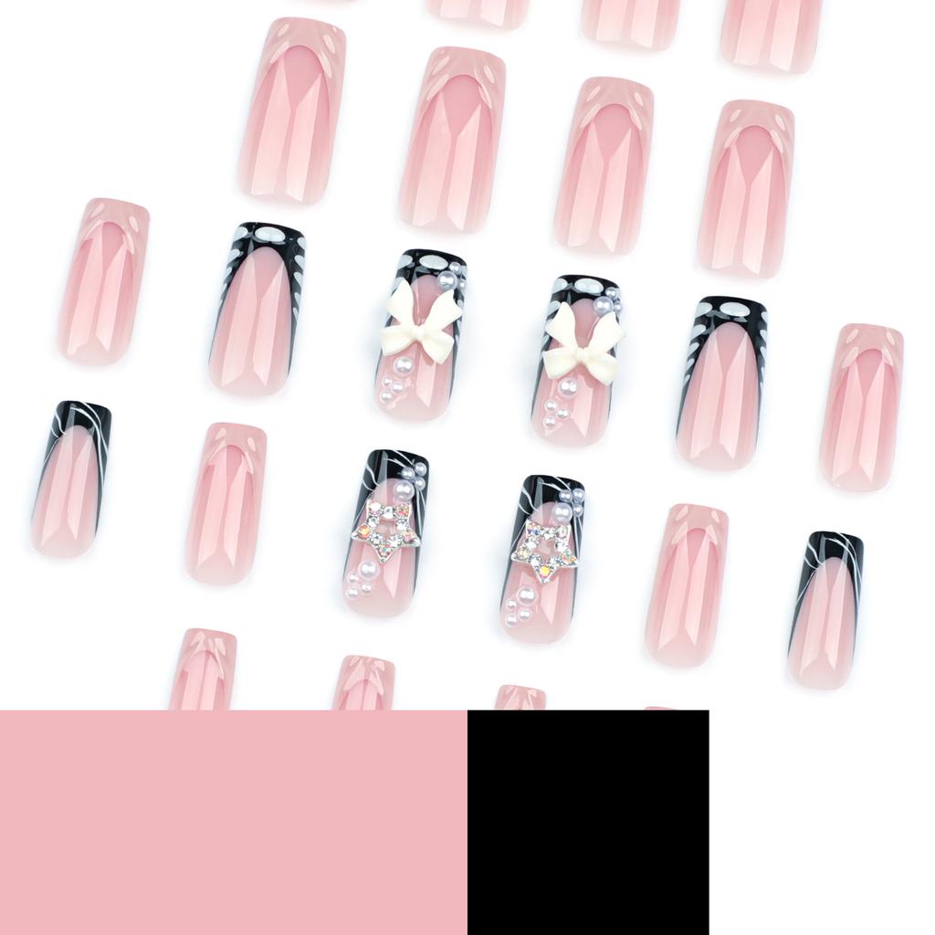 24 Pieces French 3D Water Ripple Wearing Nail Three-dimensional Bow Pearl Manicure Flash Diamond Star Fake Nail Nail Patch