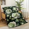Green Rose Theme Pattern Flannel Blanket - Comfortable and Warm, Great for Bed, Travel, Sofa, Camping and Office Decoration