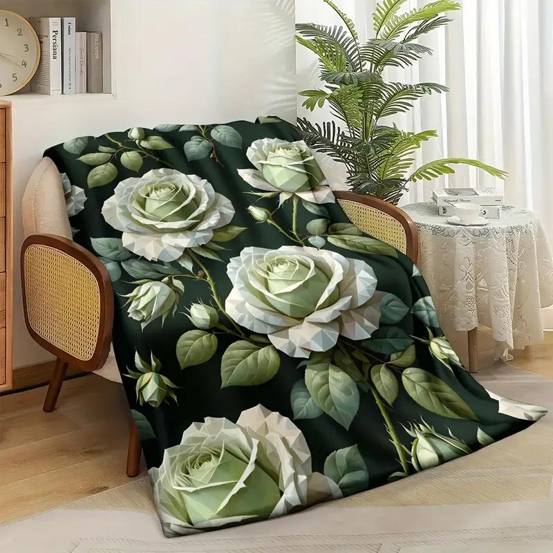 Green Rose Theme Pattern Flannel Blanket - Comfortable and Warm, Great for Bed, Travel, Sofa, Camping and Office Decoration