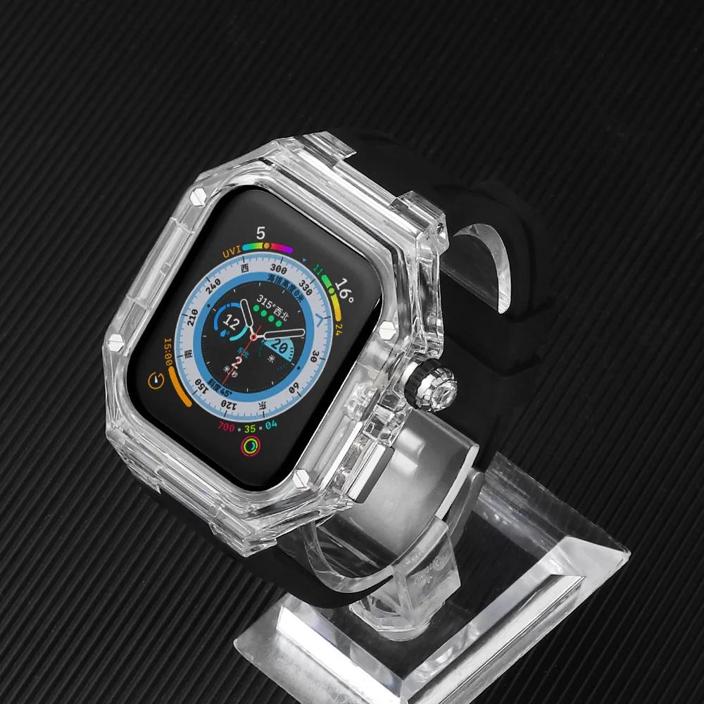 Silicone Strap+ Transparent Case for Apple Watch ultra2 49mm 44mm 45mm Sport Band Bezel for iwatch series 9 8 7 SE 6 5 4 Mod Kit