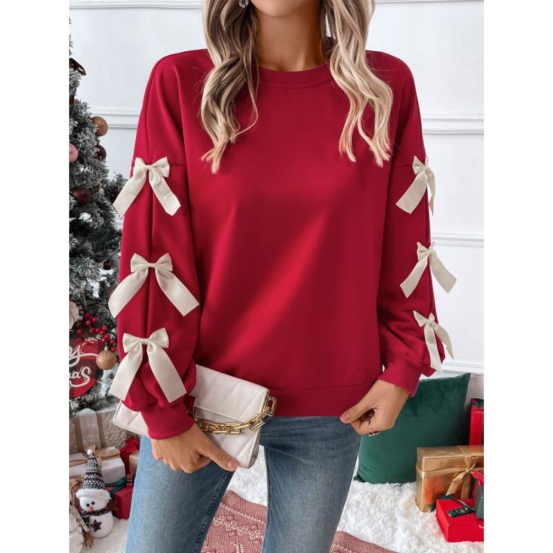 Women S Red Bow Crew Neck Long Sleeve Casual Sweatshirt