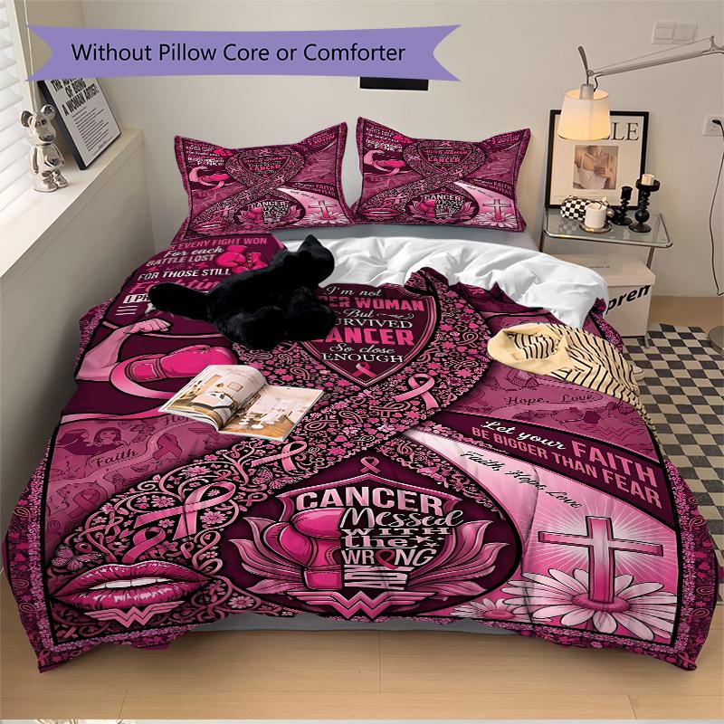 Breast Cancer Awareness Ribbon Print 3Pcs Bedding Setduvet Cover With 2 Bedropillowcase Home Birthday Gift