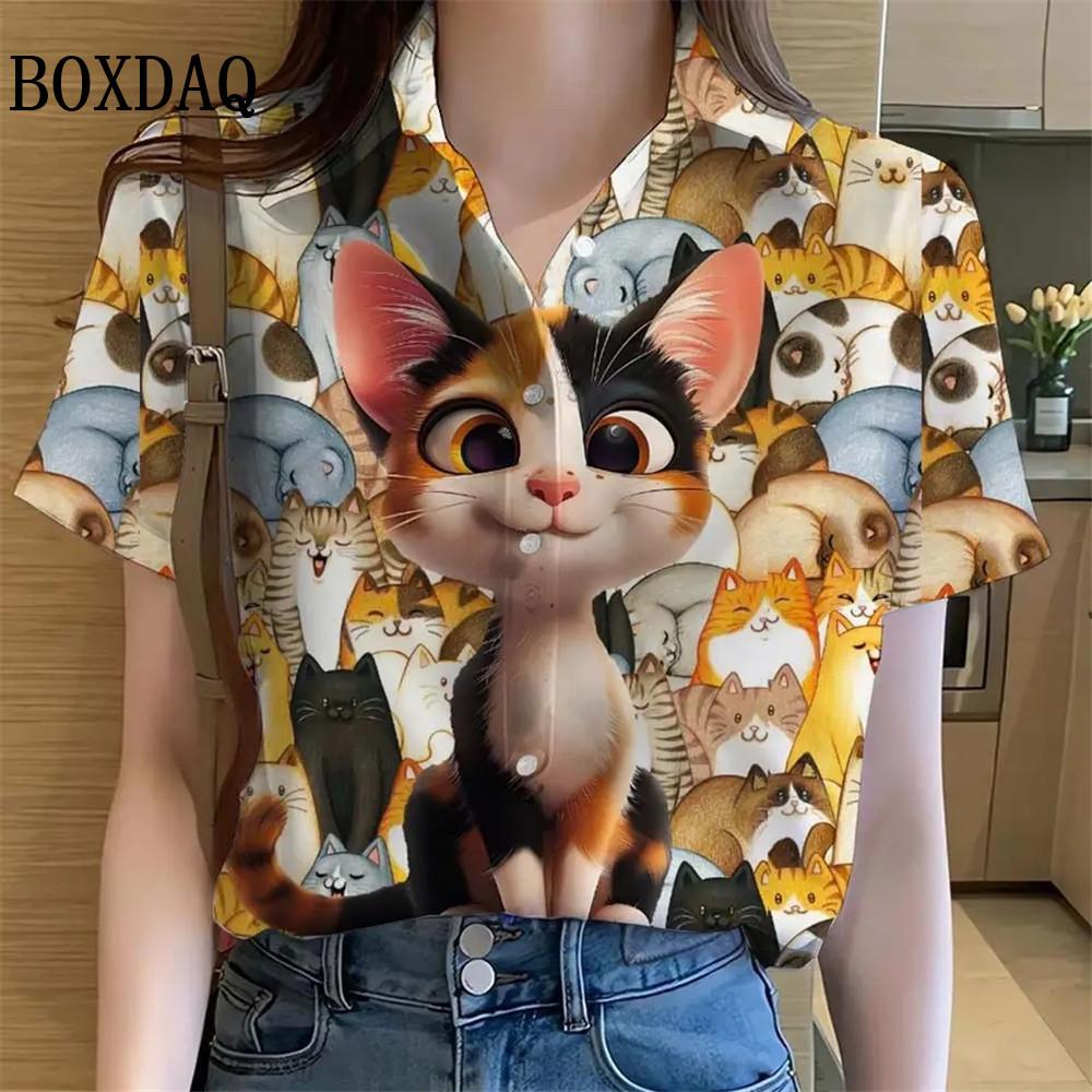Womens Shirts Artistic Cute Cat Printed Casual Hawaiian Short Sleeve Button Beach Shirt Summer New Blouse Women's Clothes 2025