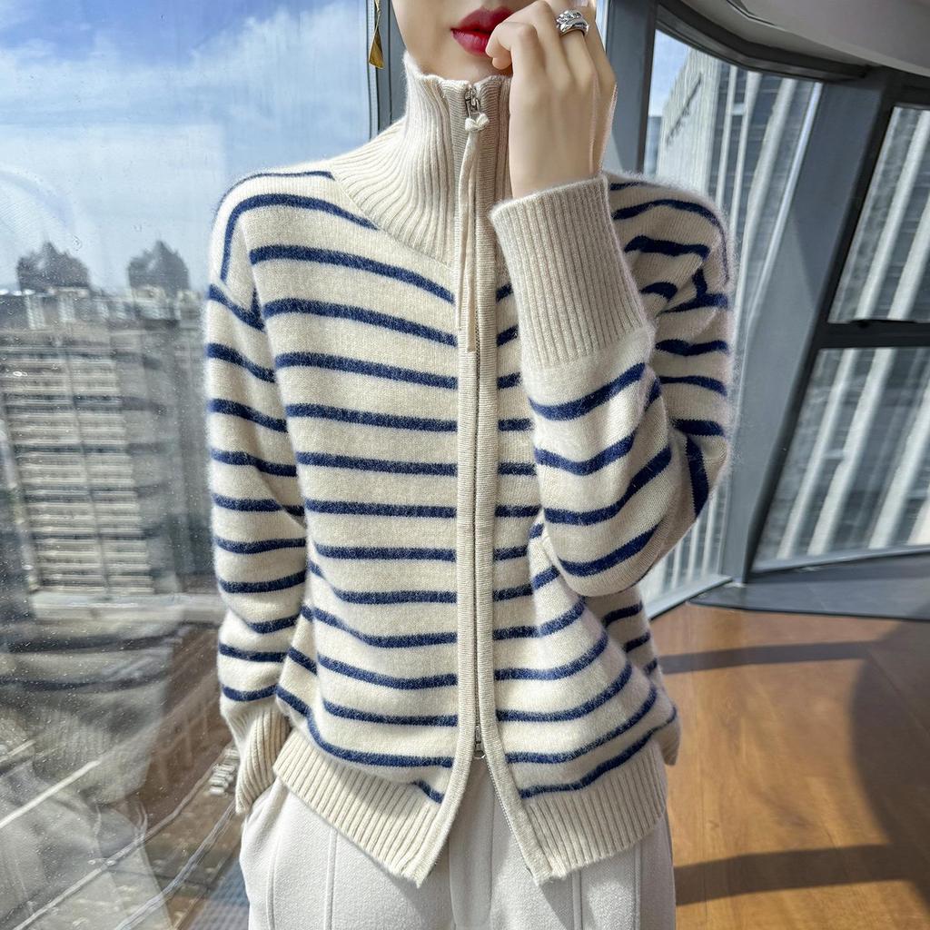 Women's High-Neck Striped Wool Cardigan - Warm, Skin-Friendly, Long Sleeve for Autumn & Winter