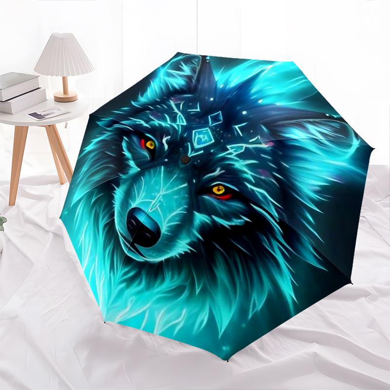 1pc Mystical Beast with Glowing Blue Fur Wolf Fully Automatic Folding Portable Umbrella, 8 Iron Frames, Three-Fold Design, Suitable for All Seaso