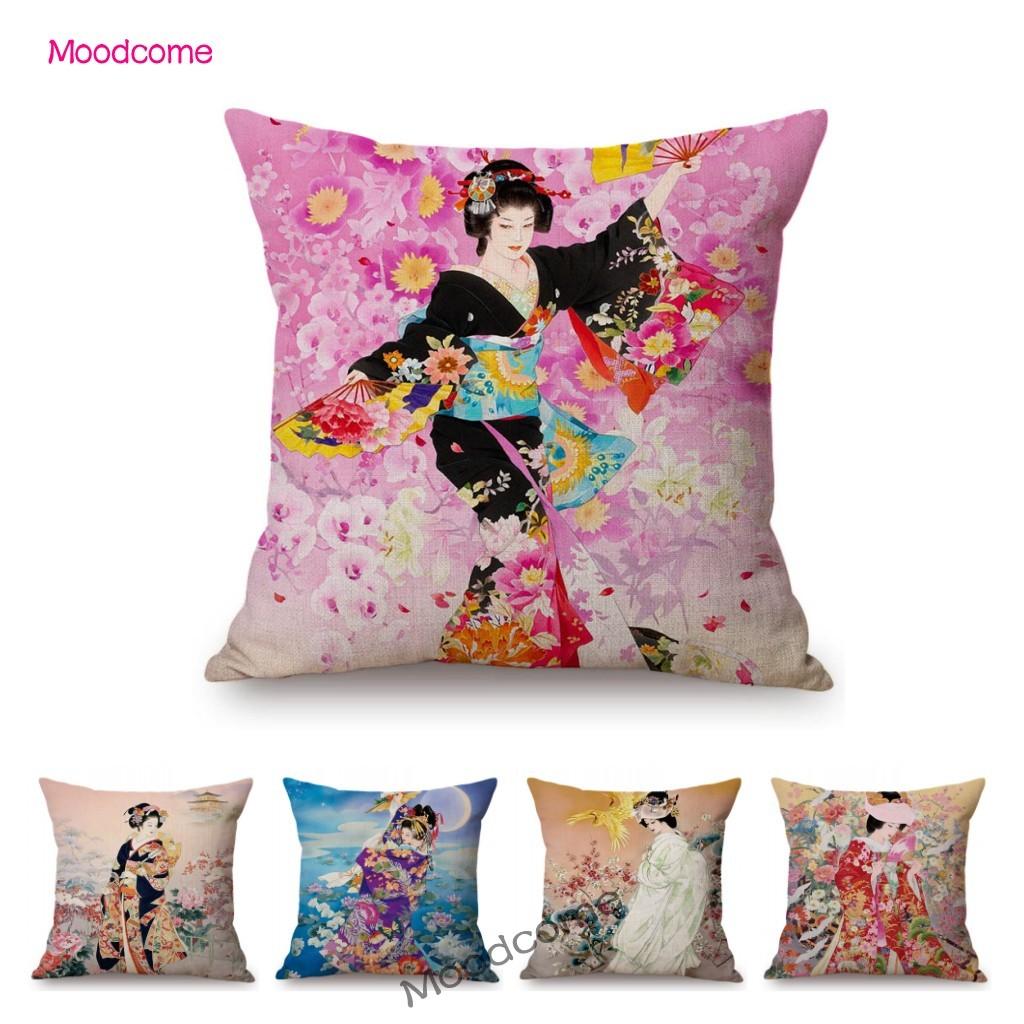 Ancient Japanese Traditional Geisha Oil Painting Art Home Decorative Sofa Throw Pillow Case Beautiful Girl Linen Cushion Cover