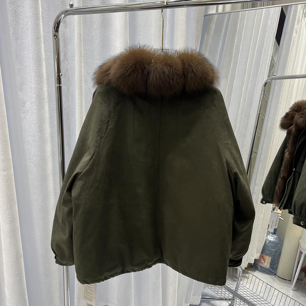 Winter new fox big fur collar suede down jacket women's short fashion casual loose thickened coat