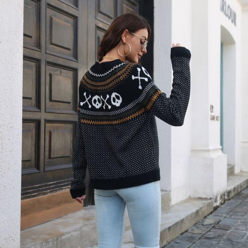 Women S Long Sleeve Skull Jacquard Retro Polka Dot Loose Knit Sweater