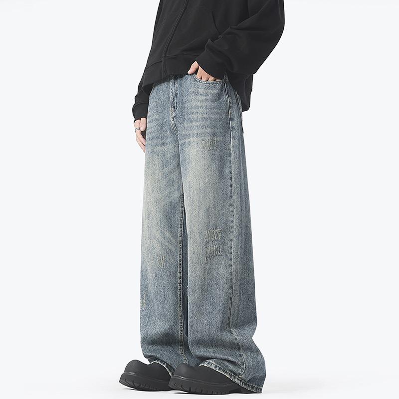 American Heavy Industry Washing and Old Jeans Men's Wind High Street Straight Wide-leg Trousers